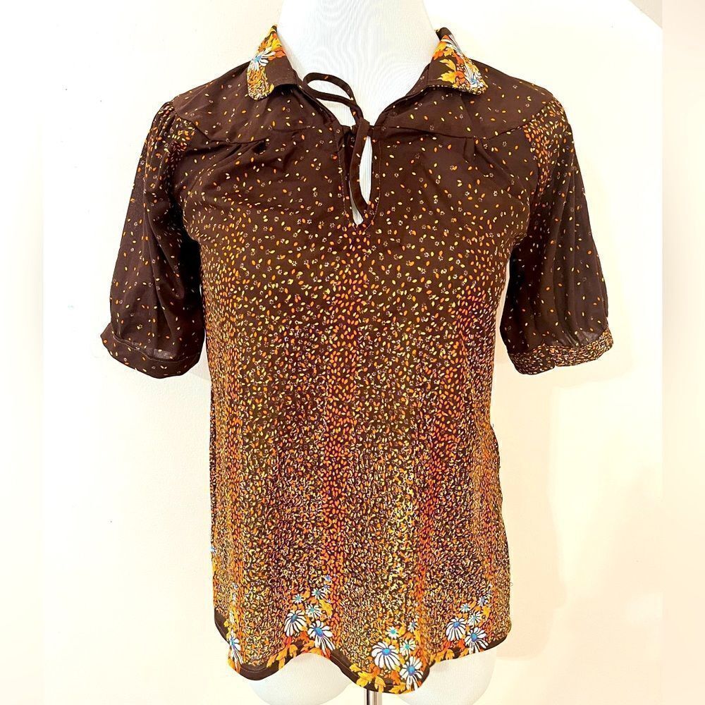 Vintage 70’s Cottagecore Brown Floral Short Sleeve Peasant Top S